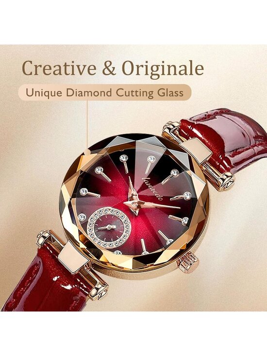 Women\'s Gold Red Elegant Leather Strap Analog Creative Diamond Dial Wrist Watch main image 5